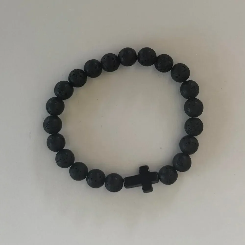 Y2K Black Lava Stone Cross Bracelet Unisex Stretch Minimalist Beaded Accessory